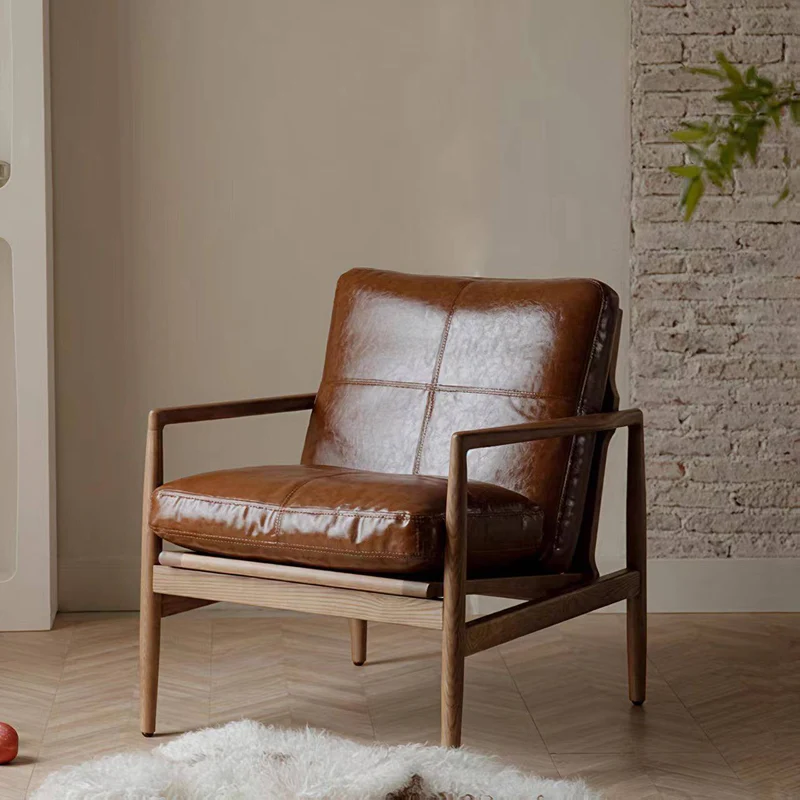 Traditional Vintage Rectangular Faux Oil-Waxed Leather Velvet Rubberwood Accent Chair Backrest Armrest For Living Room