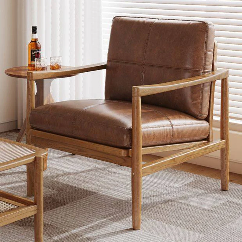 Traditional Vintage Rectangular Faux Oil-Waxed Leather Velvet Rubberwood Accent Chair Backrest Armrest For Living Room