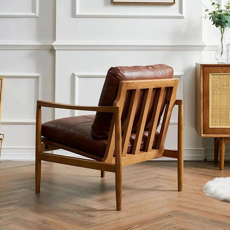 Traditional Vintage Rectangular Faux Oil-Waxed Leather Velvet Rubberwood Accent Chair Backrest Armrest For Living Room