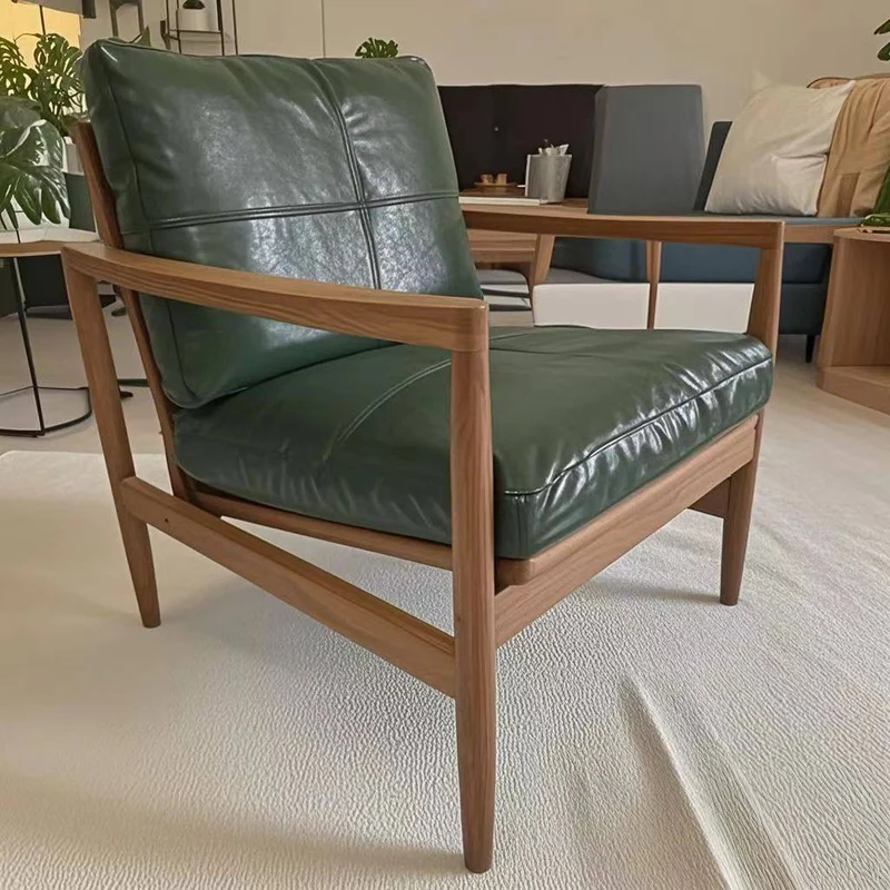 Traditional Vintage Rectangular Faux Oil-Waxed Leather Velvet Rubberwood Accent Chair Backrest Armrest For Living Room