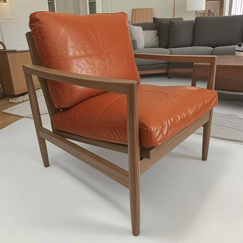 Traditional Vintage Rectangular Faux Oil-Waxed Leather Velvet Rubberwood Accent Chair Backrest Armrest For Living Room