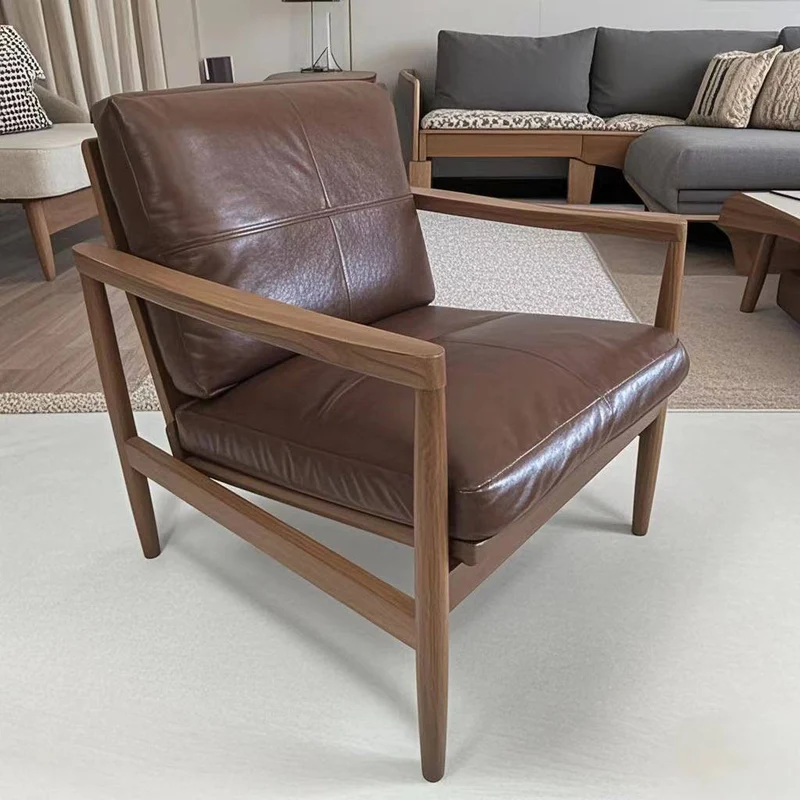 Traditional Vintage Rectangular Faux Oil-Waxed Leather Velvet Rubberwood Accent Chair Backrest Armrest For Living Room