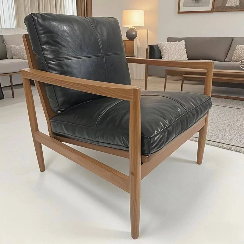 Traditional Vintage Rectangular Faux Oil-Waxed Leather Velvet Rubberwood Accent Chair Backrest Armrest For Living Room