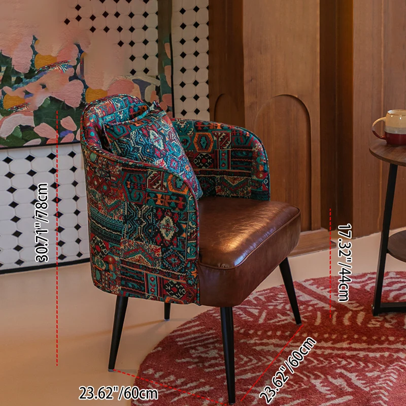 Traditional Vintage Curved Print Fabric Faux Oil-Waxed Leather Iron Medium Density Fiberboard Solid Wood Accent Chair Backrest Armrest For Living Room