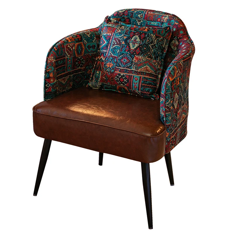 Traditional Vintage Curved Print Fabric Faux Oil-Waxed Leather Iron Medium Density Fiberboard Solid Wood Accent Chair Backrest Armrest For Living Room