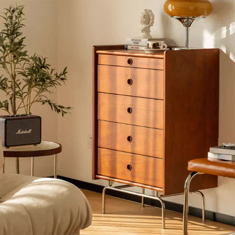 Traditional Vintage Rectangular Pine & Cherry Wood Solid Wood Multi-Layer Board Stainless Steel Storage Cabinet 5-Drawer For Living Room