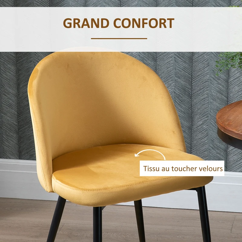 Lot de 2 chaises de salle à manger 49 x 50 x 77 cm assise rembourrée confort optimal scandinave moderne en velours jaune 21_0002176
