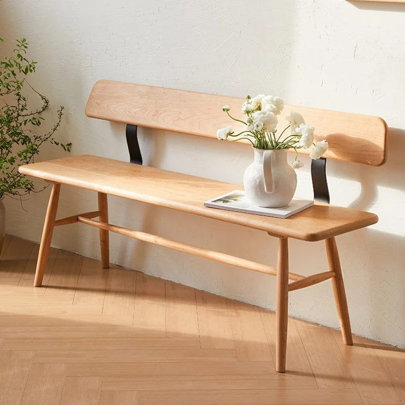 Modern Minimalist Solid Wood Rectangular Bench With Backrest For Dining Room & Bedroom & Living Room