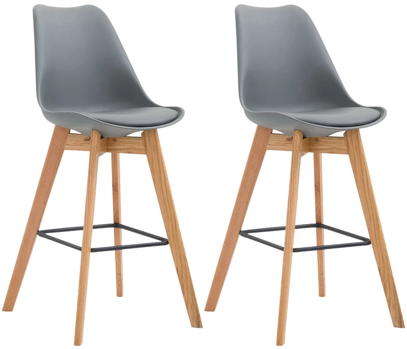 Lot de 2 tabourets de bar style scandinave avec assise en plastique et PVC gris et structure en bois naturel 10_0005839