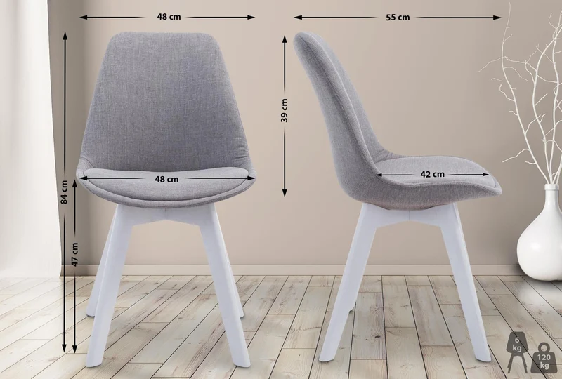 Chaise de salle à manger x1 design scandinave en tissu gris et piètement à 4 pieds en bois blanc 10_0003315