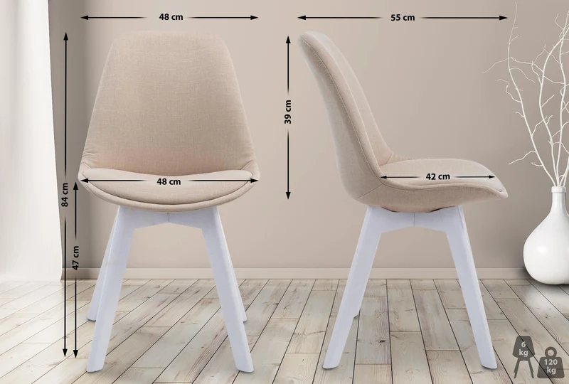 Chaise de salle à manger x1 design scandinave en tissu crème et piètement à 4 pieds en bois blanc 10_0003313