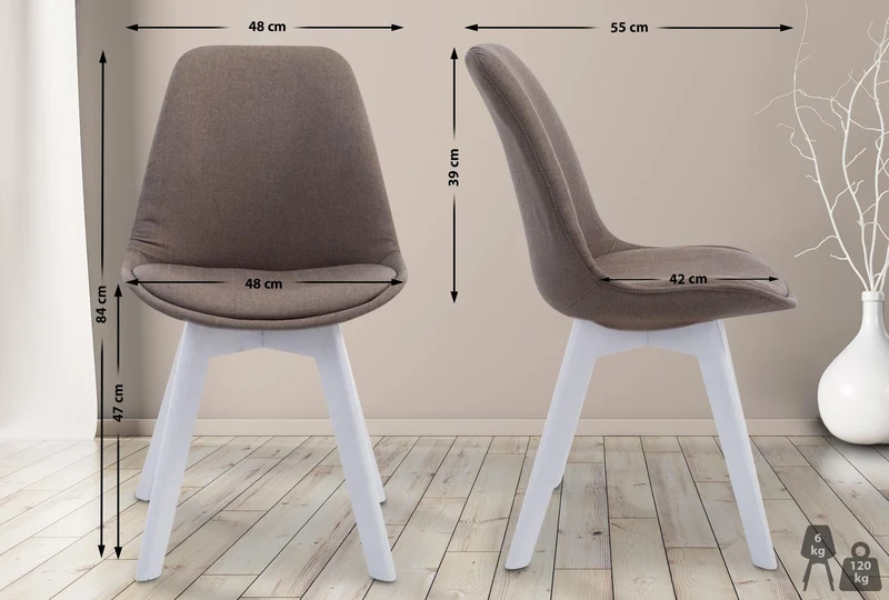 Chaise de salle à manger x1 design scandinave en tissu taupe et piètement à 4 pieds en bois blanc 10_0003317