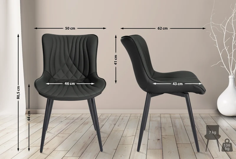 Lot de 2 chaises de salle à manger coutures décoratives en PVC noir et pieds en métal noir 10_0001673