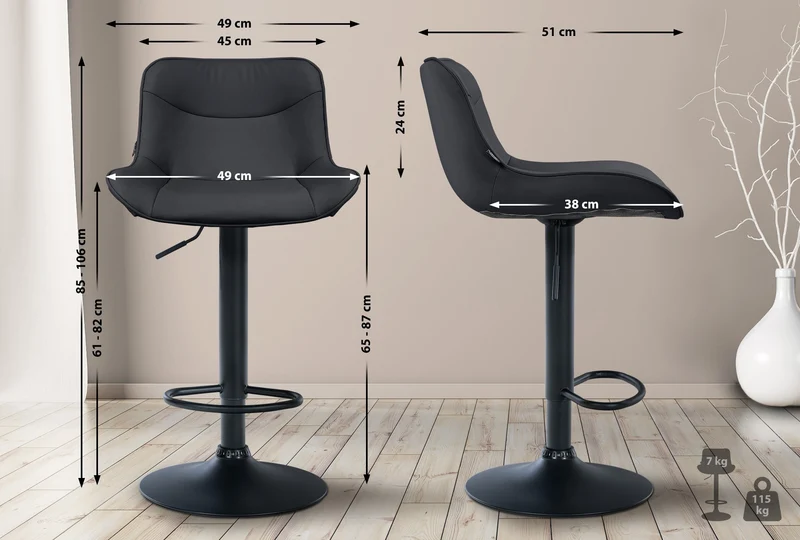 Lot de 2 tabourets de bar x1 avec coutures décoratives en PVC noir pied en trompette métal noir 10_0004453