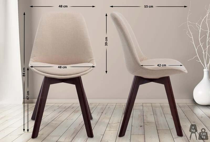 Chaise de salle à manger x1 design scandinave en tissu crème et piètement à 4 pieds en bois marron 10_0003301