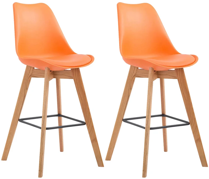 Lot de 2 tabourets de bar style scandinave avec assise en plastique et PVC orange et structure en bois naturel 10_0006406