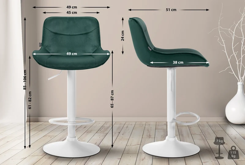 Tabouret de bar x1 pivotant forme ergonomique surpiqûres décoratives en velours vert cadre en métal blanc 10_0006229
