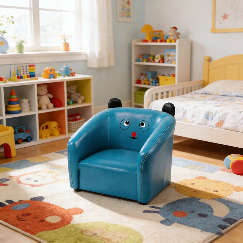 Contemporary Creative Curved Bear Shape Faux Oiled Waxed Leather Solid Wood Kids Accent Chair Backrest Armrest For Living Room