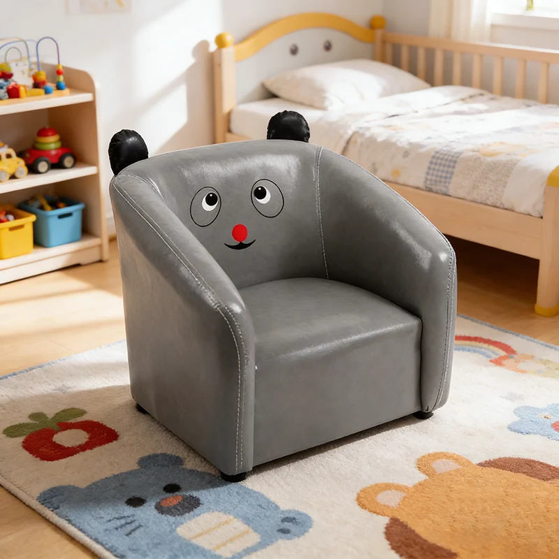 Contemporary Creative Curved Bear Shape Faux Oiled Waxed Leather Solid Wood Kids Accent Chair Backrest Armrest For Living Room