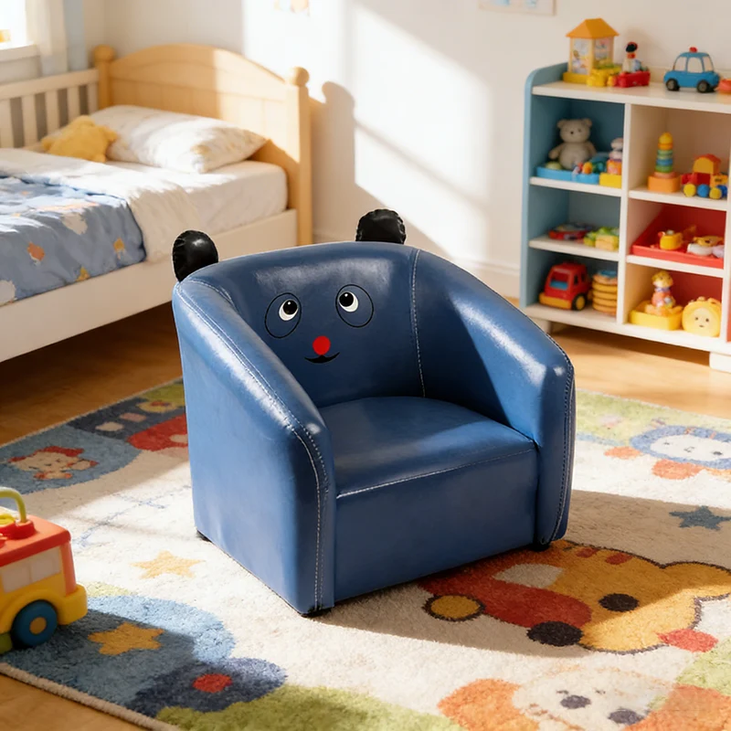 Contemporary Creative Curved Bear Shape Faux Oiled Waxed Leather Solid Wood Kids Accent Chair Backrest Armrest For Living Room