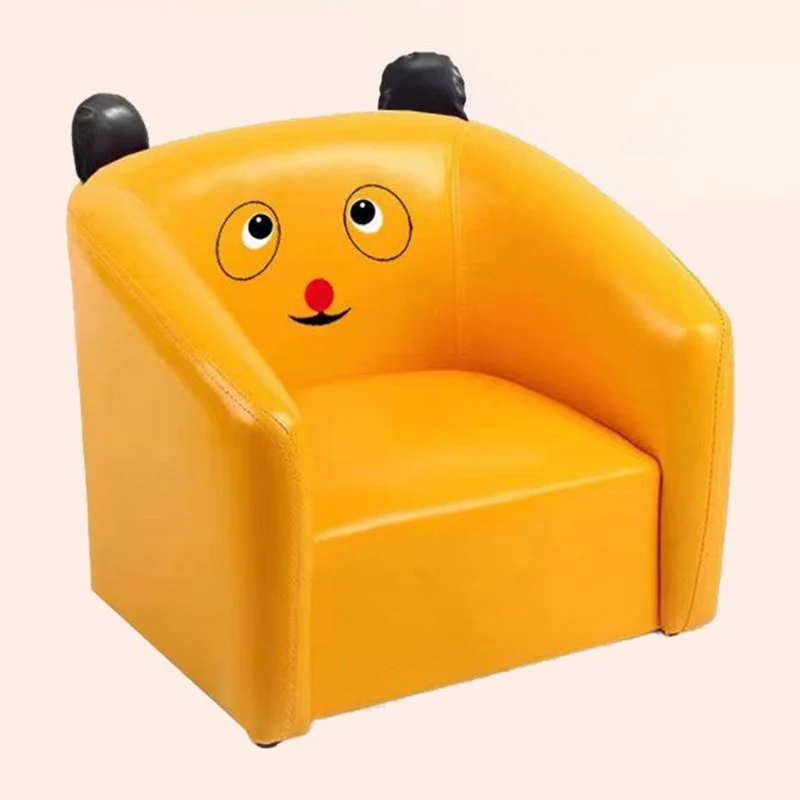 Contemporary Creative Curved Bear Shape Faux Oiled Waxed Leather Solid Wood Kids Accent Chair Backrest Armrest For Living Room