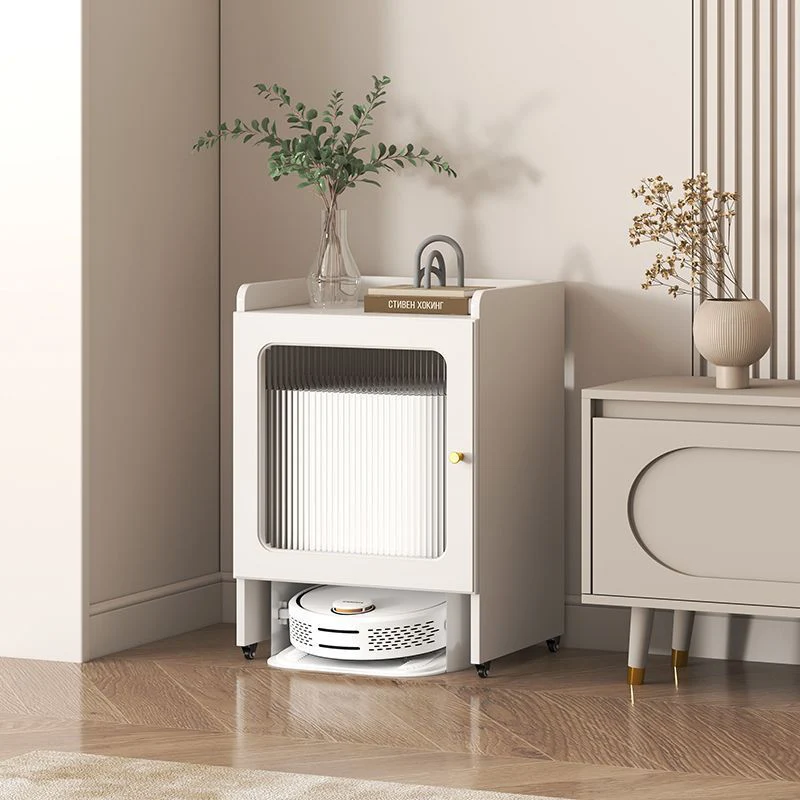 Contemporary Nordic Particleboard Glass HDF Rectangular End Table 1/2-Tier Movable Storage Cabinet For Robot Vacuum For Living Room