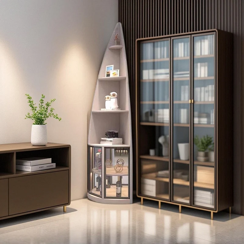 Modern Luxury Particleboard Aluminum Tempered Glass Fan-shaped Corner Shelf Unit 6-Tier Waterdrop & Space-Saving Design For Living Room