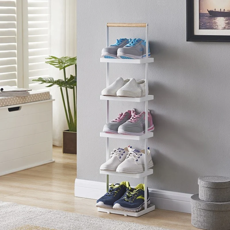Modern Minimalist Rectangular Iron Wood Narrow Shoe Storage Rack 5/6-Tray For Entryway & Hallway