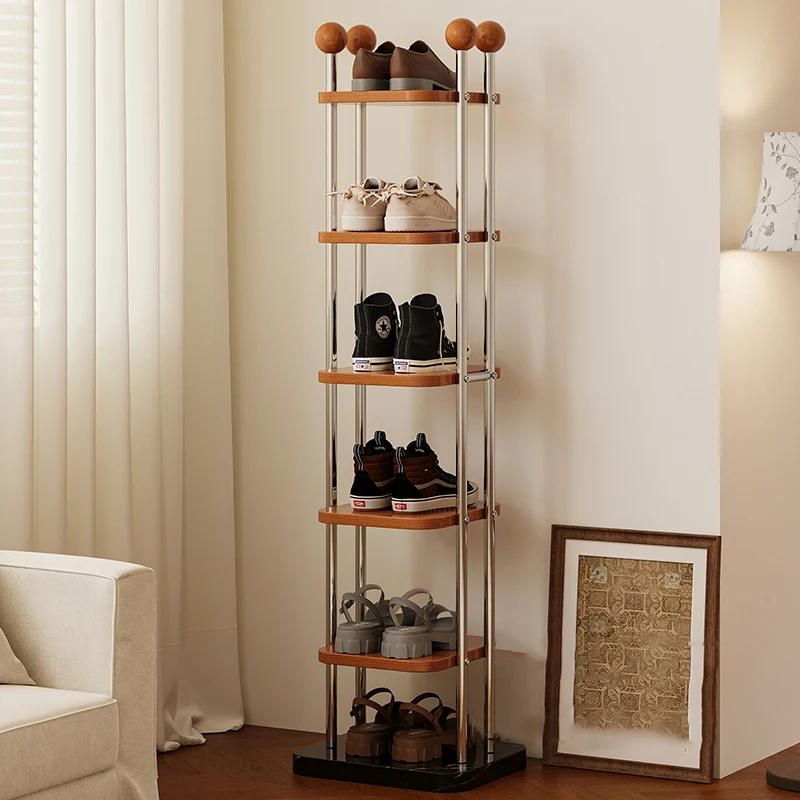 Traditional Vintage Rectangular Sturdy Solid Wood Stainless Steel Marble Durable Shoe Storage Rack 6-Tray For Entryway & Hallway
