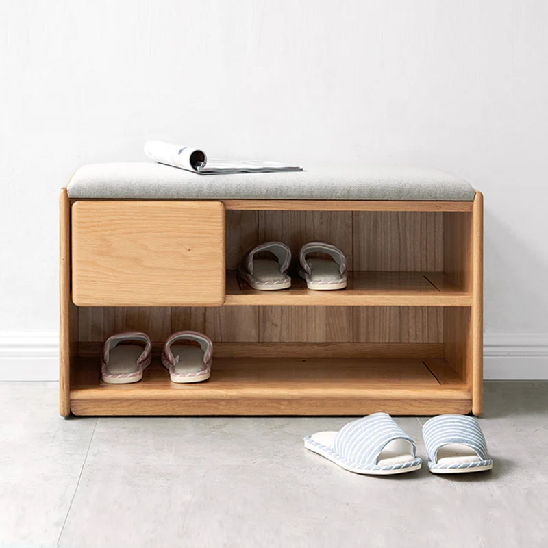 Modern Minimalist Solid Wood & Linen Rectangular Shoe Bench With Drawer And Dual Storage Spaces For Entryway