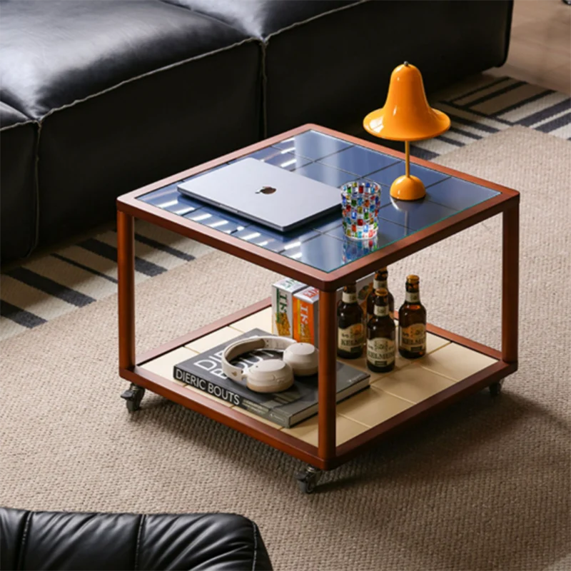Contemporary Scandinavian Square Movable Boxwood Tempered Glass Solid Wood Multi-Layer Board End Table 2-Tier For Living Room