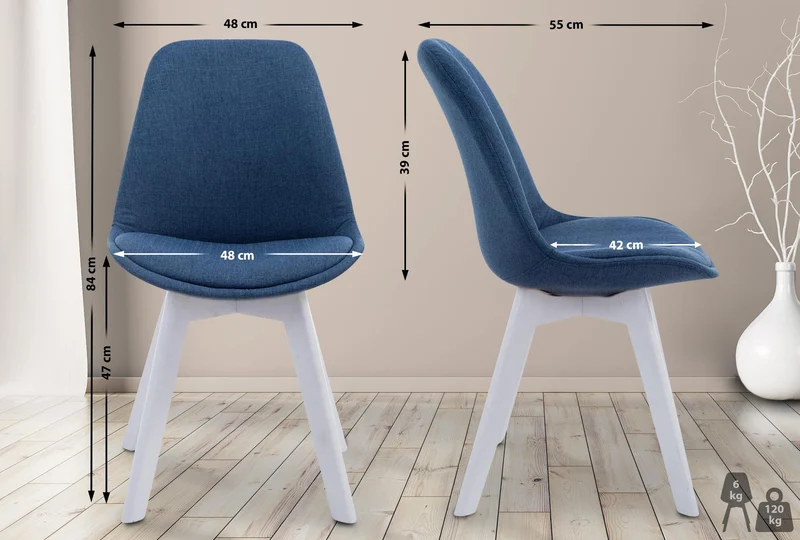 Chaise de salle à manger x1 design scandinave en tissu bleu et piètement à 4 pieds en bois blanc 10_0003311