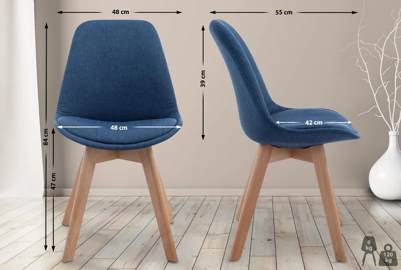 Chaise de salle à manger x1 design scandinave en tissu bleu et piètement à 4 pieds en bois clair 10_0003276
