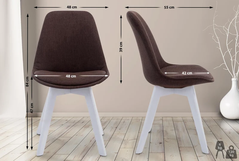 Chaise de salle à manger x1 design scandinave en tissu marron et piètement à 4 pieds en bois blanc 10_0003312