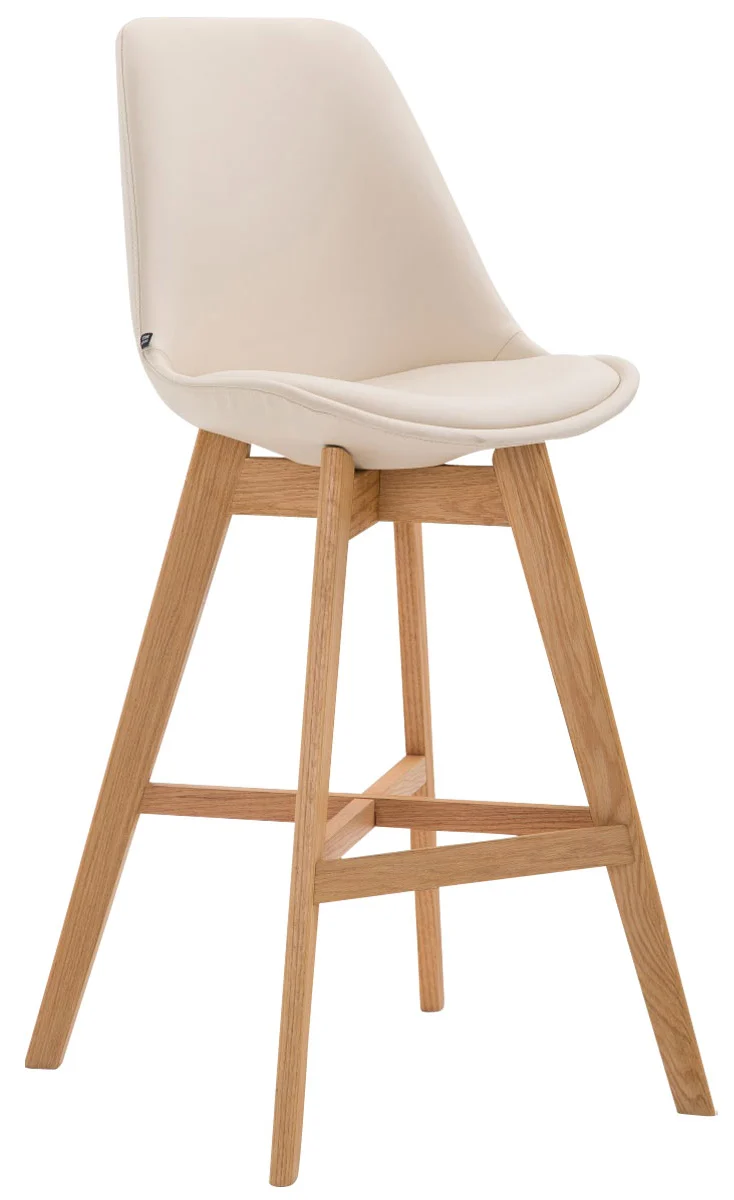 Lot de 2 tabourets de bar scandinaves coque plastique et PVC crème et pieds en bois massif 10_0005962
