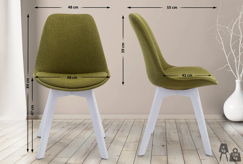 Chaise de salle à manger x1 design scandinave en tissu vert et piètement à 4 pieds en bois blanc 10_0003316