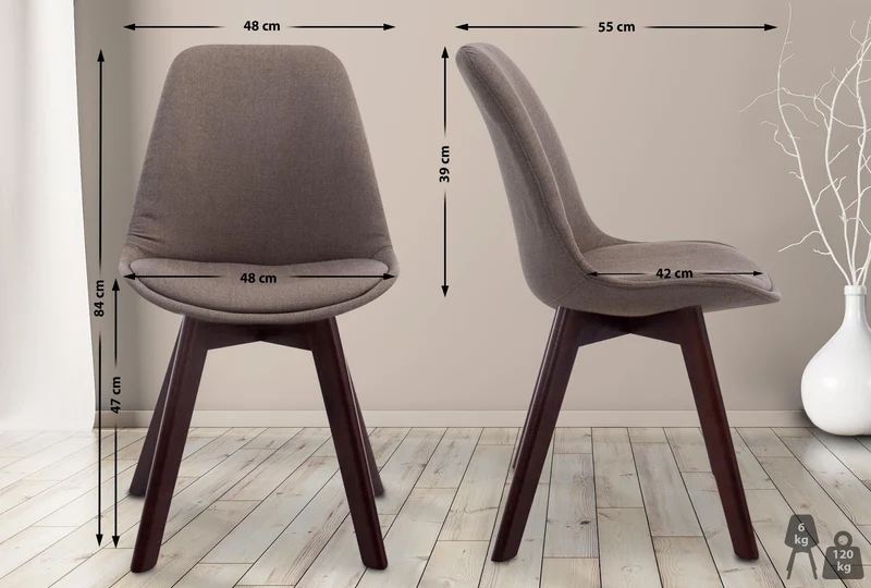 Chaise de salle à manger x1 design scandinave en tissu taupe et piètement à 4 pieds en bois marron 10_0003305