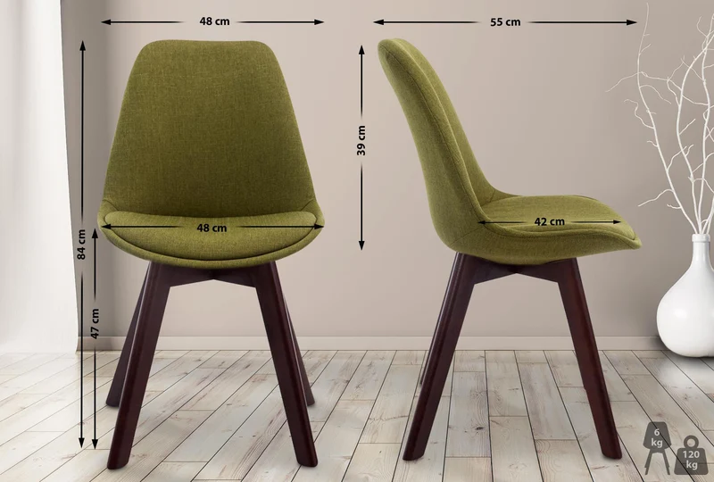 Chaise de salle à manger x1 design scandinave en tissu vert et piètement à 4 pieds en bois marron 10_0003304