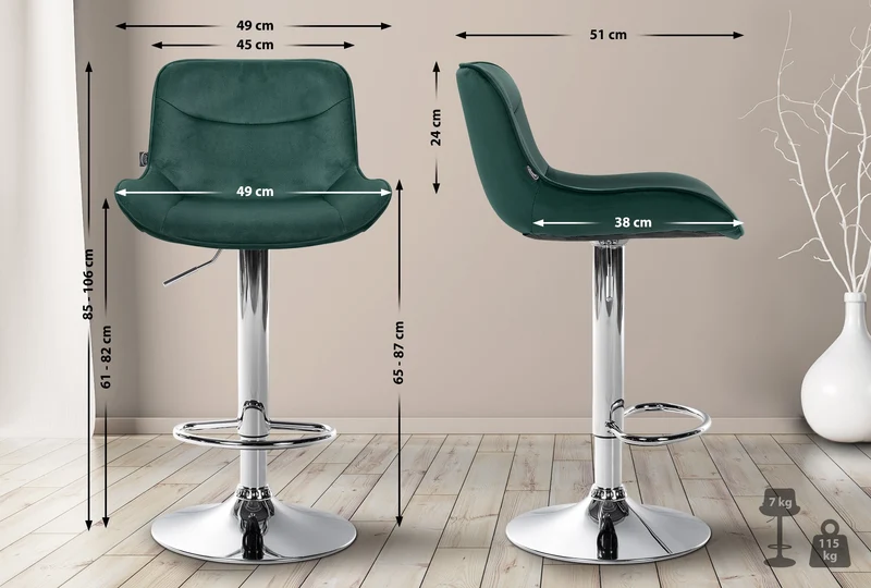 Lot de 2 tabourets de bar pivotant forme ergonomique surpiqûres décoratives en velours vert cadre en métal chromé 10_0006601