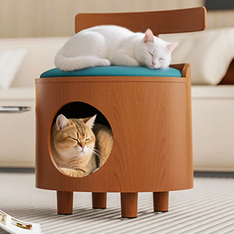 Contemporary Scandinavian Round Plywood Faux Leather Sponge Cat Bed Low Stool Backrest Armless For Living Room
