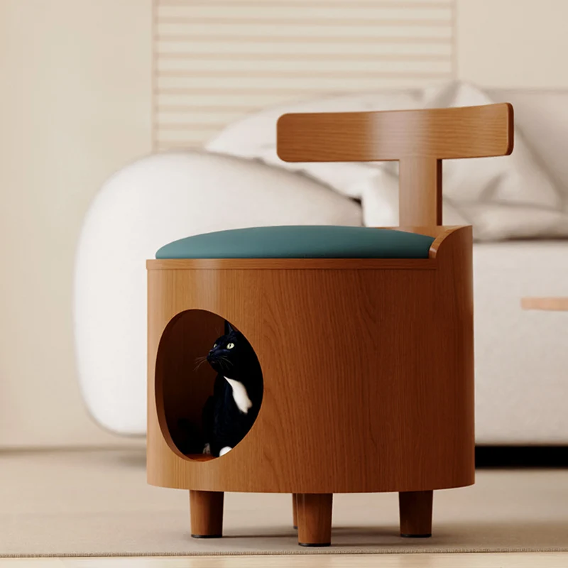 Contemporary Scandinavian Round Plywood Faux Leather Sponge Cat Bed Low Stool Backrest Armless For Living Room