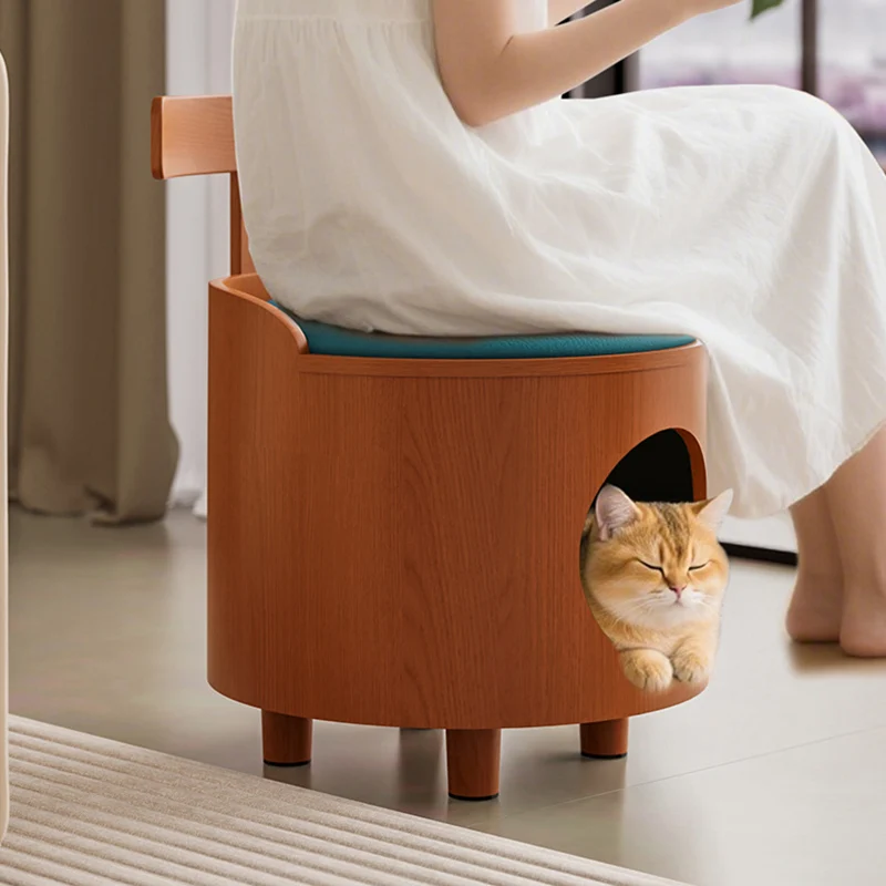 Contemporary Scandinavian Round Plywood Faux Leather Sponge Cat Bed Low Stool Backrest Armless For Living Room
