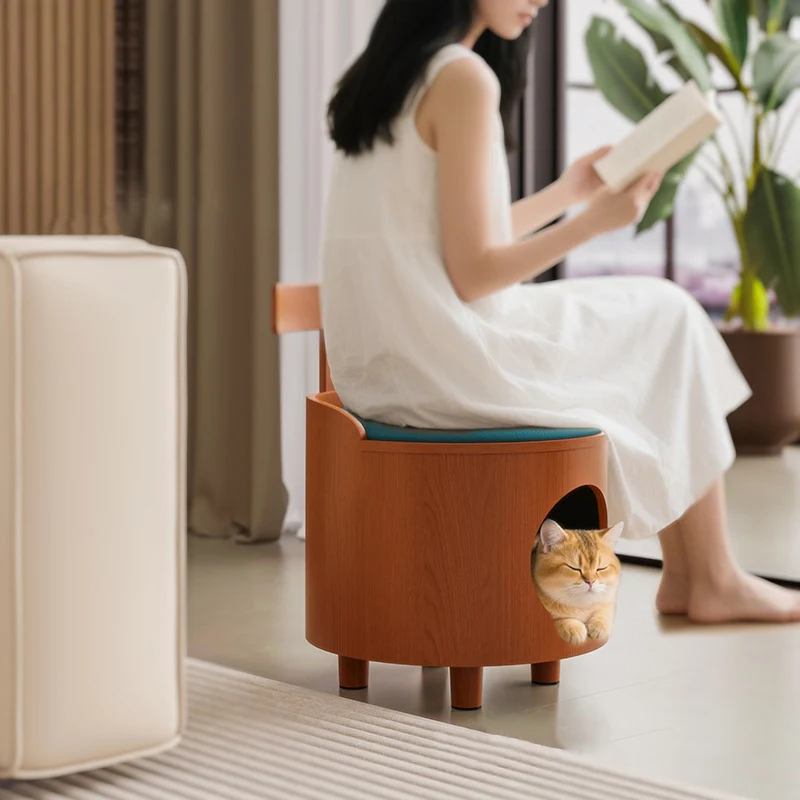 Contemporary Scandinavian Round Plywood Faux Leather Sponge Cat Bed Low Stool Backrest Armless For Living Room