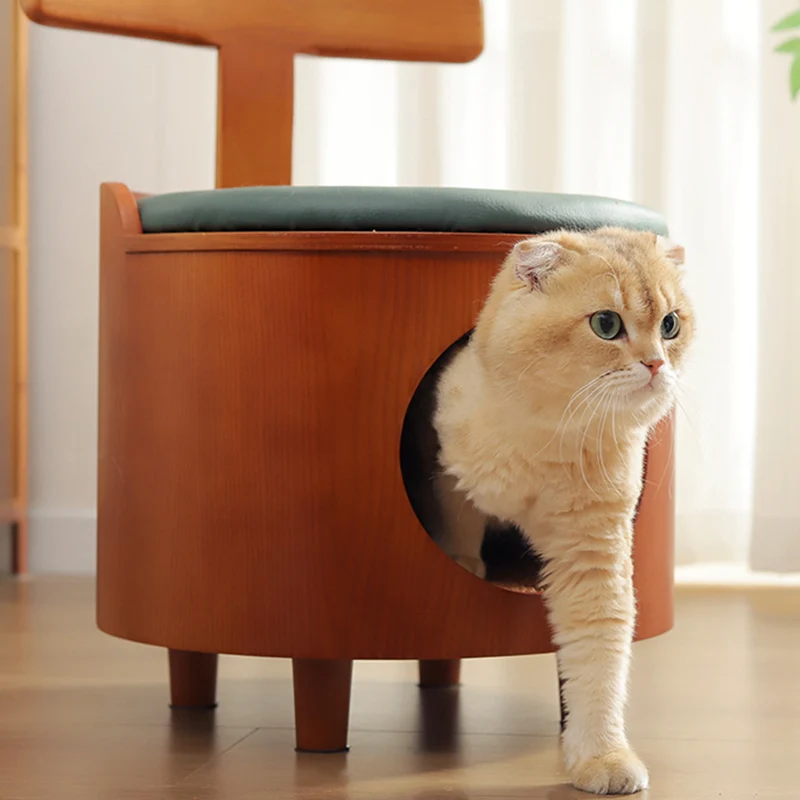 Contemporary Scandinavian Round Plywood Faux Leather Sponge Cat Bed Low Stool Backrest Armless For Living Room