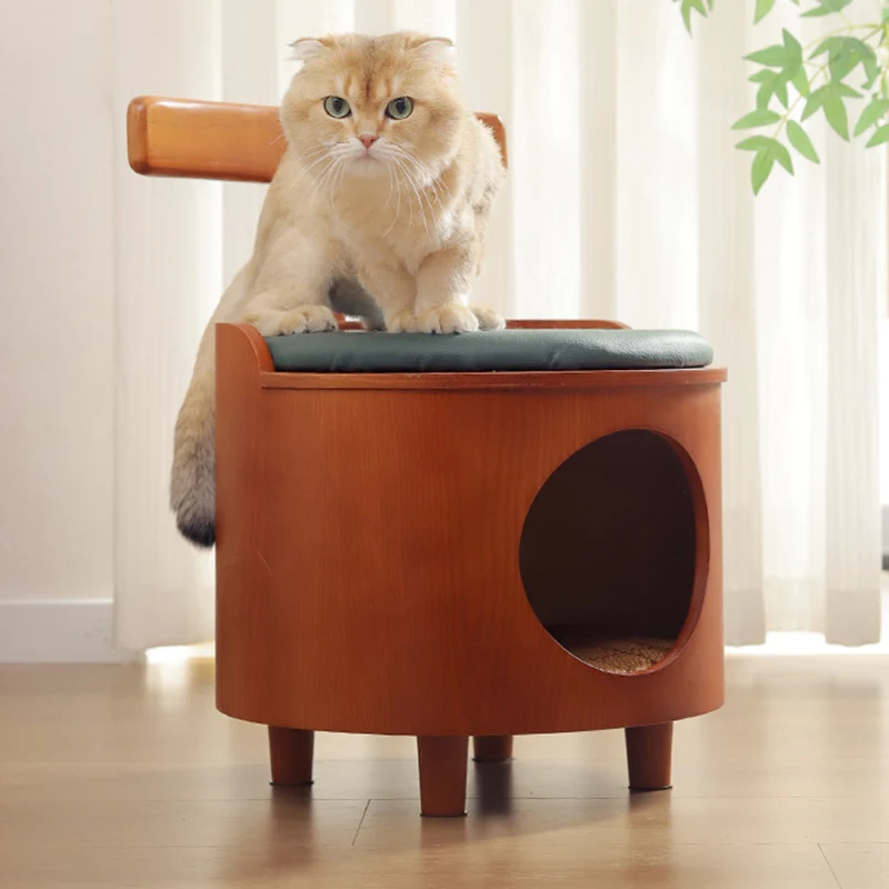 Contemporary Scandinavian Round Plywood Faux Leather Sponge Cat Bed Low Stool Backrest Armless For Living Room