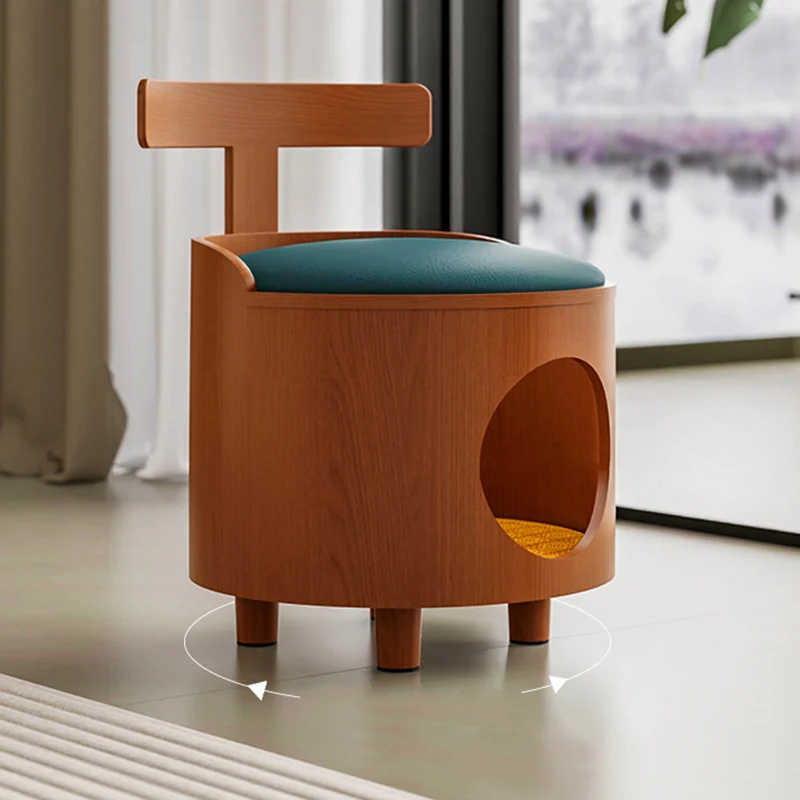 Contemporary Scandinavian Round Plywood Faux Leather Sponge Cat Bed Low Stool Backrest Armless For Living Room