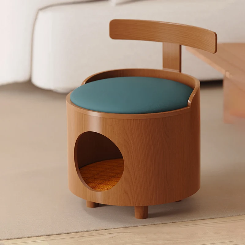 Contemporary Scandinavian Round Plywood Faux Leather Sponge Cat Bed Low Stool Backrest Armless For Living Room