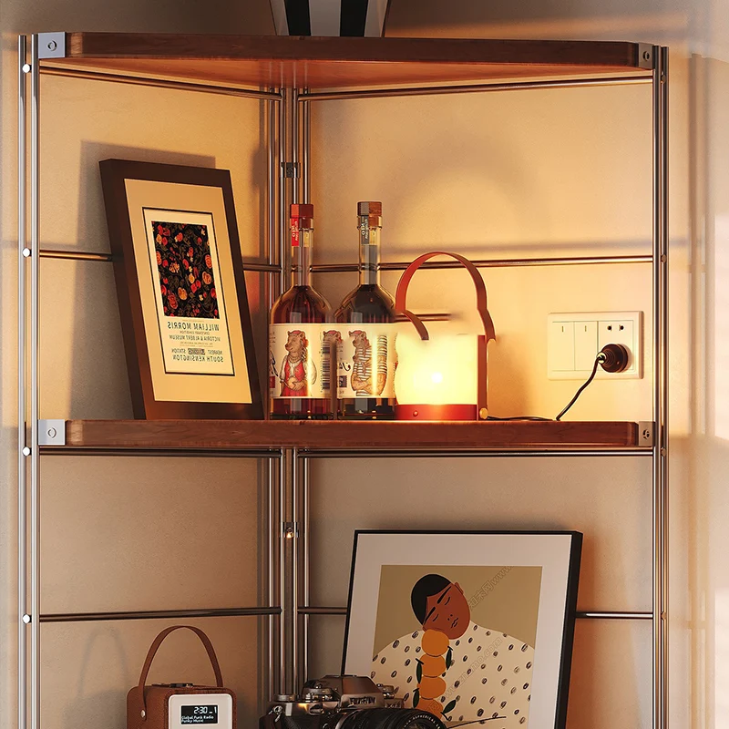 Contemporary Retro Fan-shaped Particle Board Stainless Steel Corner Shelf Unit 4/5-Tier For Living Room