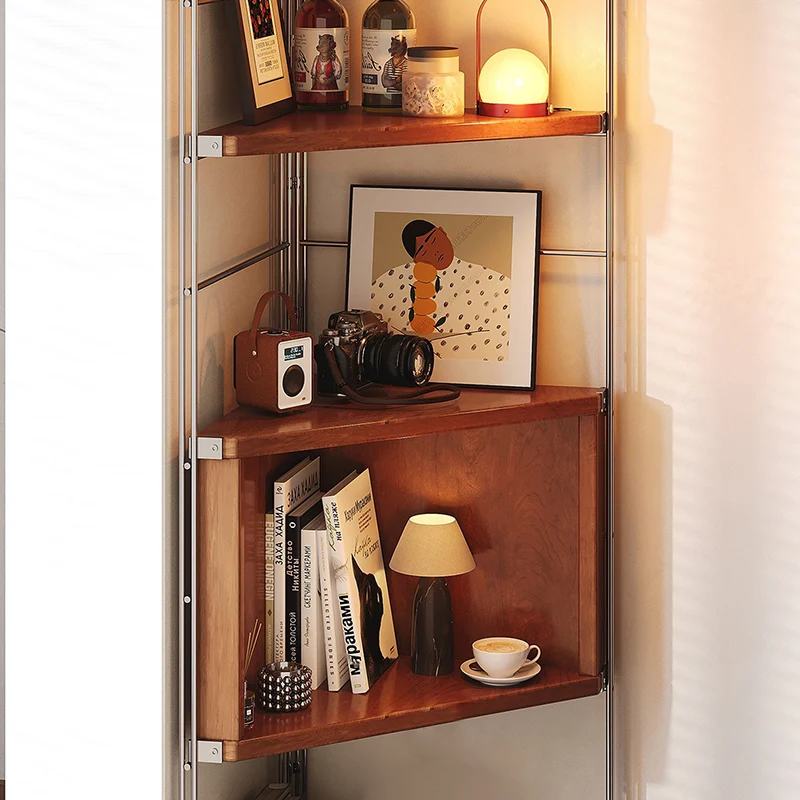 Contemporary Retro Fan-shaped Particle Board Stainless Steel Corner Shelf Unit 4/5-Tier For Living Room