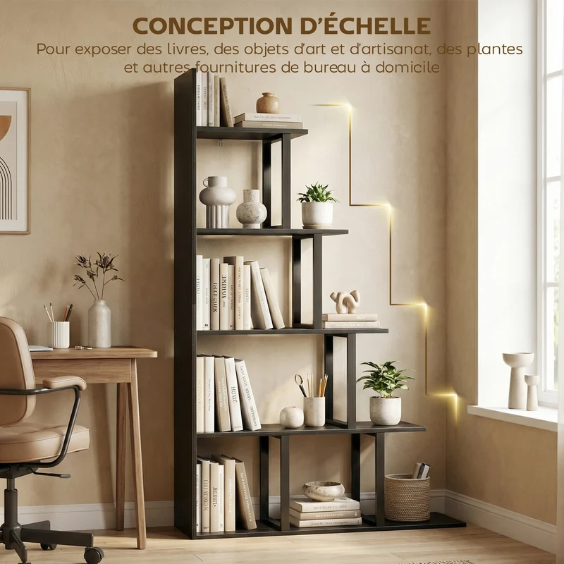 Étagère bibliothèque séparateur de pièce escalier 102 x 30 x 160 cm grand rangement modulable industriel en MDF noir 21_0002430